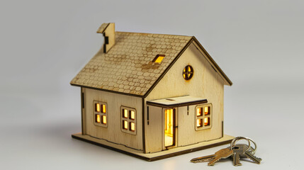 Close-up of a small, simple wooden house model with keys resting beside it on a plain white background