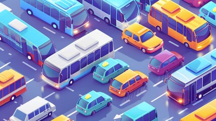 Transportation banner with isometric buses, minivans, and cars. Modern flat illustration of public passenger vehicles and automobiles.