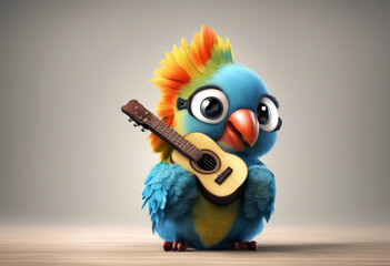 illustration white isolated 3D background Cute parrot guitar musician bird sing songwriter music performer talent talented instrument artist song creativity creative artistic melody perform