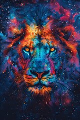 a lion with smoke and neon lights