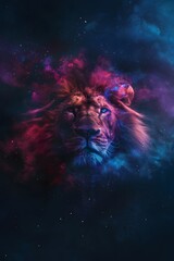 a lion with smoke and neon lights