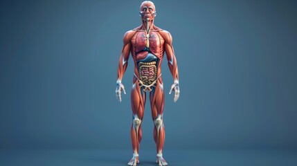 Anatomy of the muscular system of a man - anterior view - obrazy, fototapety, plakaty