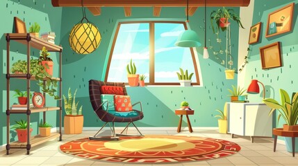 In a bohemian style living room concept with window and furniture, armchairs, cozy sofas, shelves with plants, round rags, hipster style decoration on walls, tables, vintage design, cartoon modern