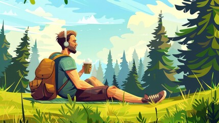 Obraz na płótnie Canvas A man relaxing on a mat in a green meadow. Modern illustration of a rural summer scene with conifers, grass, and a happy individual wearing earbuds, a cup, and carrying a backpack.