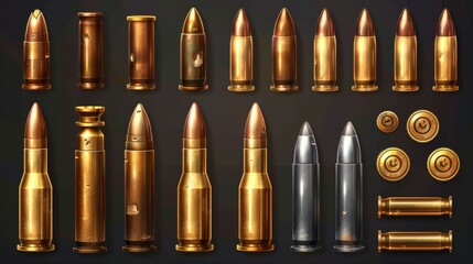 Cartridges, ammunition, shells, slugs, and slug shells for guns, rifles, pistols, and other firearms. Modern realistic set of 3D brass, copper, and steel ammo.