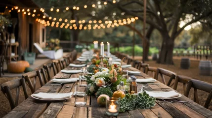 Tuinposter Long Wooden Table With White Plates and Candles © Prostock-studio