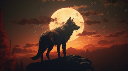 A solitary wolf silhouetted against the backdrop of a full moon.