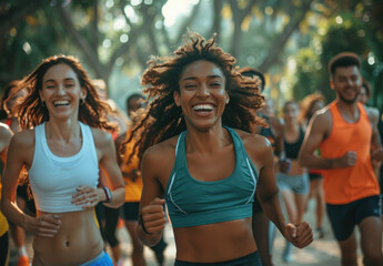 A diverse group of people running outdoors, smiling and wearing athletic wear for fitness training...