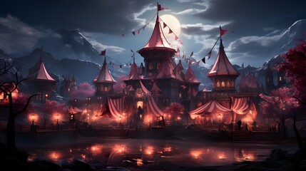 Illustration of a circus at night with a full moon in the sky