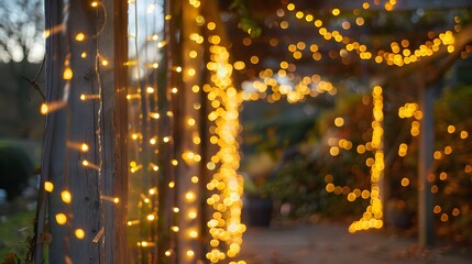 a garden with warm led lights soft bokeh