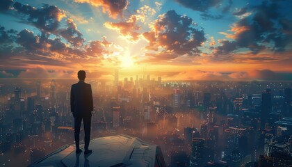 A businessman standing on a rooftop overlooking a futuristic city. - obrazy, fototapety, plakaty