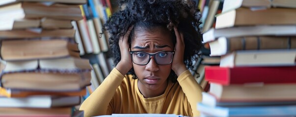 An African girl student with spectacles is seated at a desk with books all around her. Her hands are on her head in an expression of frustration.