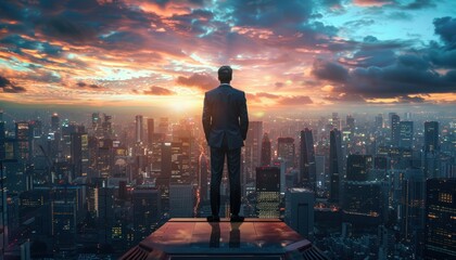 A businessman standing on a rooftop overlooking a city at sunset.
