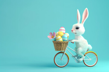 3D cartoon character white rabbit riding a bicycle with a basket full of colorful easter eggs...