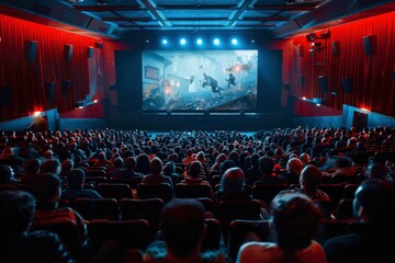 A huge audience is watching a movie on movie theatre, with front and rear views.
