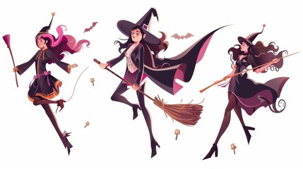 Cartoon illustration of Halloween characters, magician girls flying on brooms, dressed in witch costumes with capes and hats on white background.