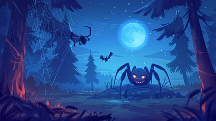 The spider hangs on the web in the dark forest. Halloween character smiles and shows thumb up at the dark woods. Cartoon arthropod insect in nature, character from a comic book or game.