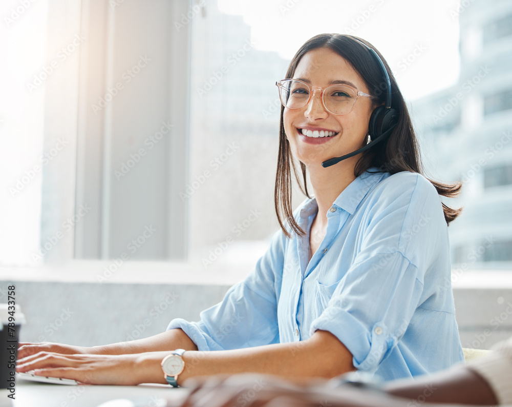 Aufkleber Portrait, agent or happy woman consulting in call center networking online on computer in telecom support. Smile, typing or virtual assistant in communication or conversation at customer services