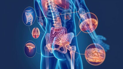 As an arthritis illness icon for health care and medical symptoms related to aging, sports injuries, and work injuries, the body is depicted as a group of circular panels of sore joints.