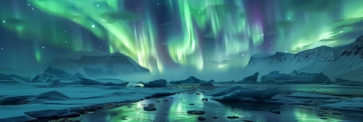 Vivid green and purple Northern Lights dance in the night sky over a silent frost-covered Arctic landscape