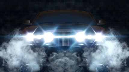 Isolated white car headlight beam top view isolated on dark transparent background, smoky or foggy effect. Realistic modern 3D illustration of a car spot lamp with vapor clouds.