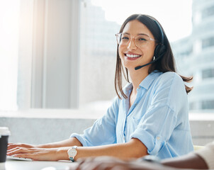 Portrait, agent or happy woman consulting in call center networking online on computer in telecom support. Smile, typing or virtual assistant in communication or conversation at customer services