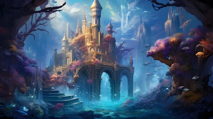 Fantasy landscape with a fantasy castle in the water. 3d illustration