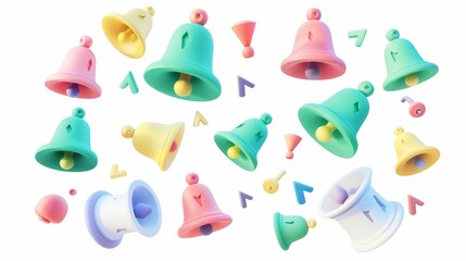 Icons for notice, alarm or attention messages with colored bells and exclamation points. Isolated on white background, 3D illustration of handbells. - obrazy, fototapety, plakaty