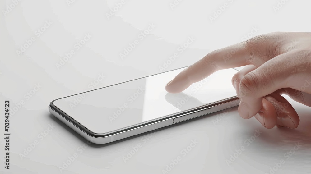 Poster this 3d rendering depicts a smartphone in hand with a finger touching the screen with a blank displa