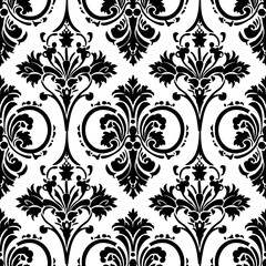 A black and white floral patterned wallpaper with a white background. The design is very intricate and detailed, with many small flowers and leaves. Scene is elegant and sophisticated. Generative AI