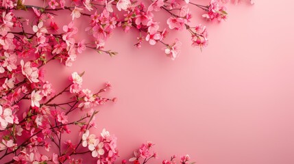 Delicate Cherry Blossoms on Pastel Pink Background. Springtime Elegance with Border Cherry Blossoms