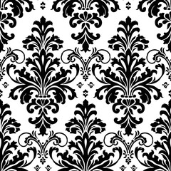 A black and white floral patterned wallpaper with a white background. The design is very intricate and detailed, with many small flowers and leaves. Scene is elegant and sophisticated. Generative AI