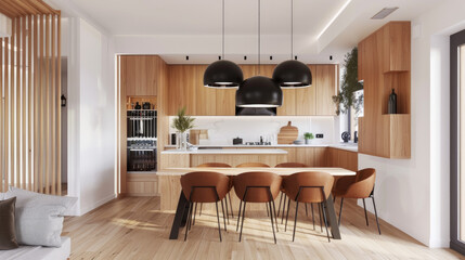 Scandinavian-style open plan kitchen and dining room with wooden cabinets, white walls, light wood floor, brown chairs, modern black pendant lights