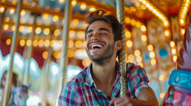 A man enjoying a ride on a vintage carousel at a fair, his joy evident in his broad smile. Shallow depth of field, blurred background