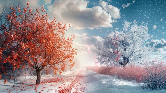 An image split down the middle,  with the left side adorned in the vibrant colors of spring and the right side blanketed in the snowy serenity of winter