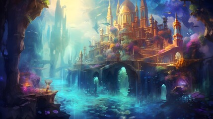 Illustration of a fantasy landscape with a mosque and a bridge. - Powered by Adobe