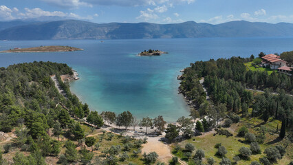 Aerial drone photo from natural forest called Kentri or Kedri of historic marine village of Galaxidi, Fokida, Greece
