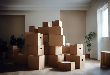 cartons moving concept house room stack Empty apartment armchair box brown cardboard cardbox chair clock day estate flat floor green group home indoor interior
