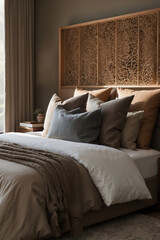 Gemütliches Schlafzimmer mit luxuriöser Bettwäsche und kunstvollem Holzpaneel über dem Kopfteil