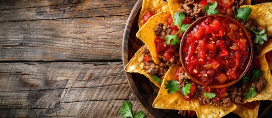 Nachos made with Mexican corn tortilla chips topped with seasoned meat and spicy red salsa, pictured on a wooden background with copy space. - obrazy, fototapety, plakaty