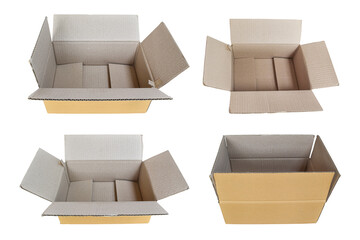 Set of open cardboard isolated on transparent background. PNG File