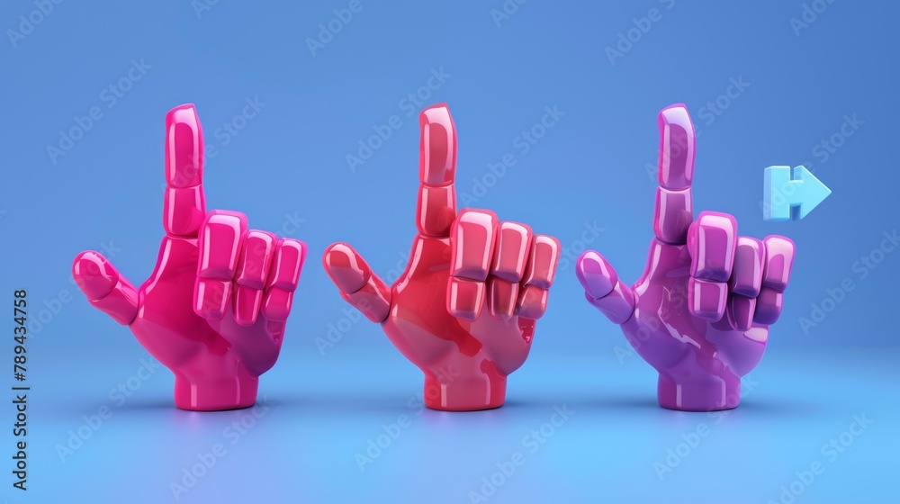 Poster a 3d render of cursor hands with clicking fingers. pointer icons graphic elements for website naviga