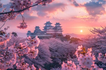 Illuminated Himeji Castle stands resplendent amidst a sea of pastel cherry blossoms under the twilight sky