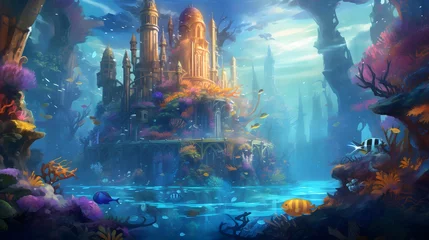 Zelfklevend Fotobehang Illustration of a fantasy underwater world with fish, plants and buildings © A
