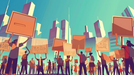 Activists picket on riot, rally demonstration or strike with placards and banners. Linear flat modern illustration of activists.