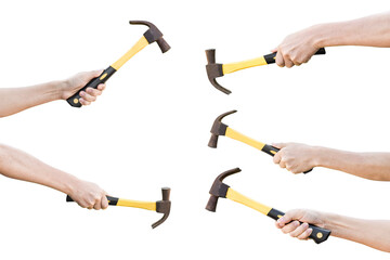 Collection of hand holding old rusty hammer isolated on transparent background, PNG File