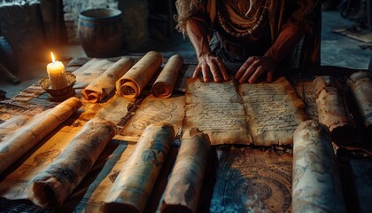 A wizard studies a collection of ancient scrolls. - obrazy, fototapety, plakaty