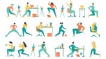 Fototapeta na wymiar Employees exercising at work, stretching at the desk isolated set. People squatting, leaning and lunging enjoying their break during workout at work. Cartoon linear flat modern illustration.