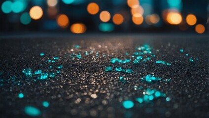 Abstract turquoise bokeh on asphalt background.