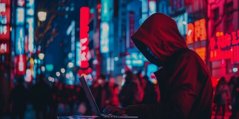 Urban Hacker with Laptop in Neon-Lit Cityscape
